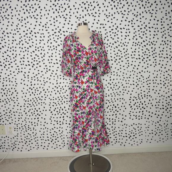 Saloni White Olivia Floral Print Ruffle Hem Silk Midi Dress - Picture 3 of 13